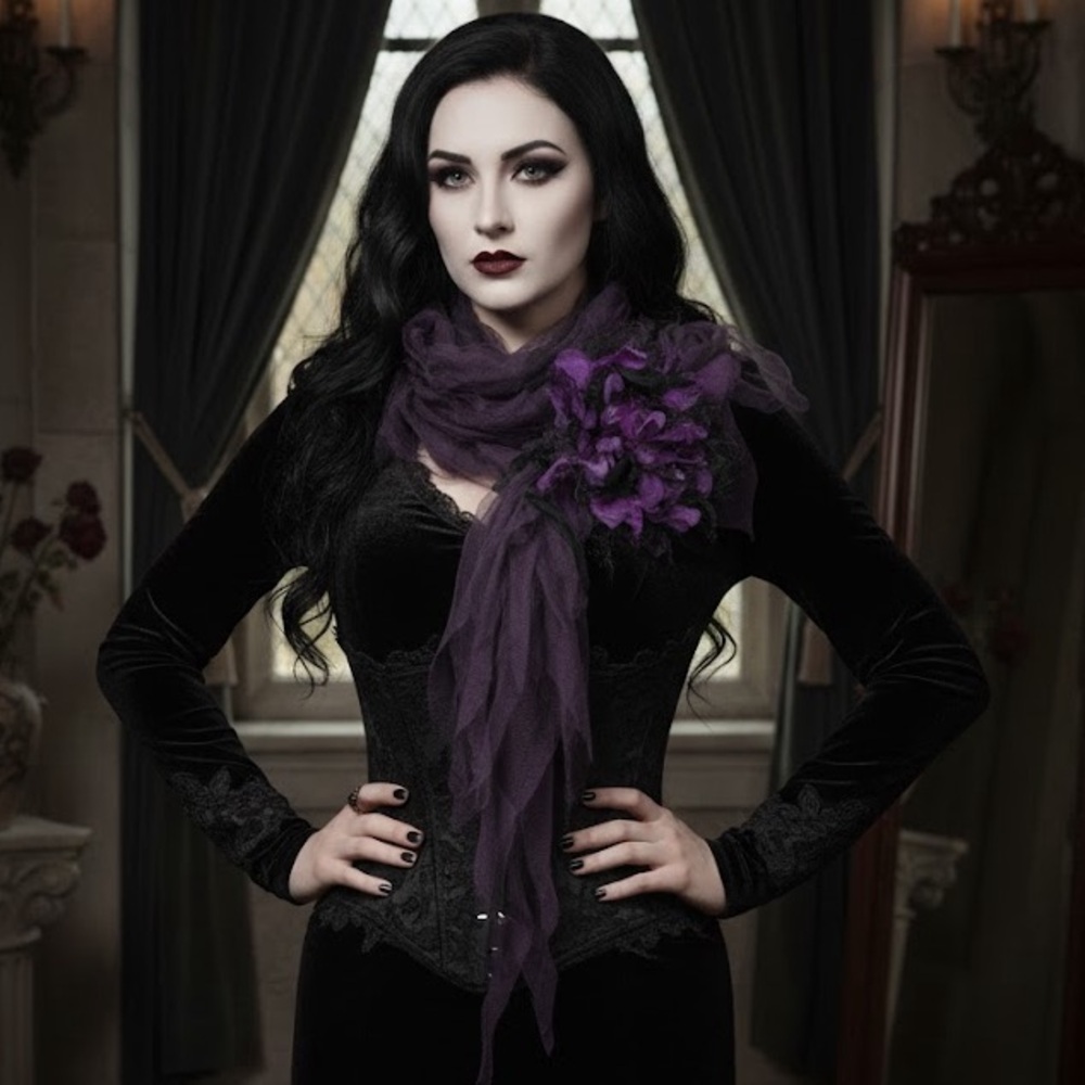 Gothic Black & Purple Tulle Shabby Chic Scarf Wrap Ruffle Flower Oversized Boho